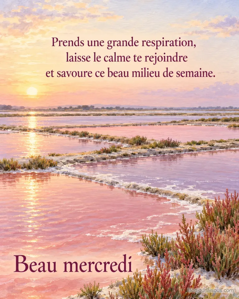 Les bassins roses d’un marais salant de Camargue ondulent doucement sous la brise du matin. Texte : « Beau mercredi Prends une grande respiration, laisse le calme te rejoindre et savoure ce beau milieu de semaine. ».
