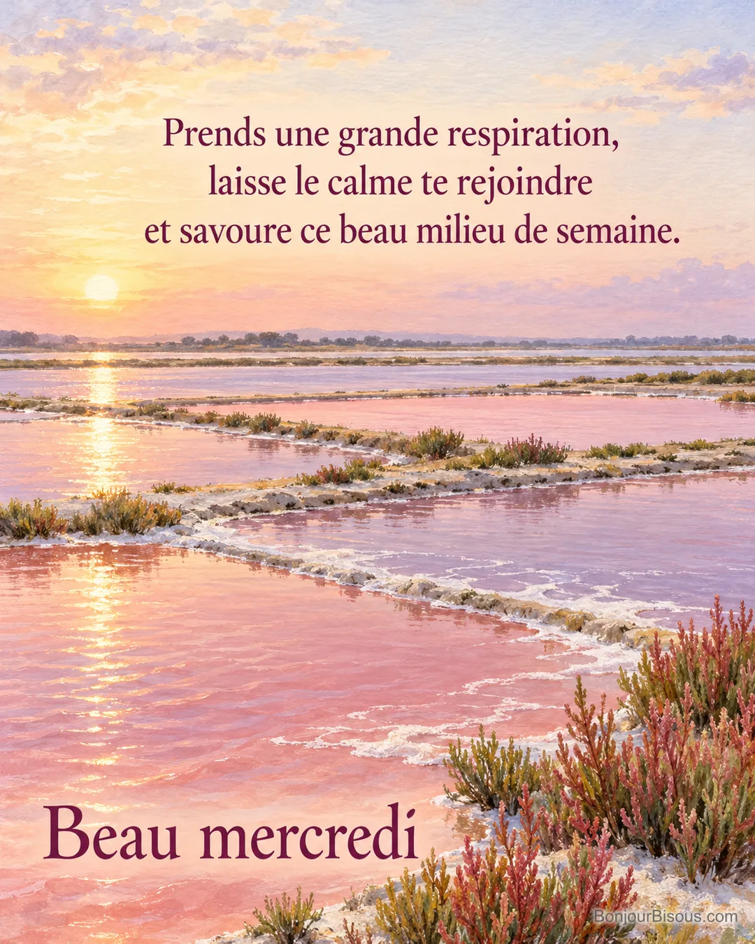 Les bassins roses d’un marais salant de Camargue ondulent doucement sous la brise du matin. Texte : « Beau mercredi Prends une grande respiration, laisse le calme te rejoindre et savoure ce beau milieu de semaine. ». Les bassins roses d’un marais salant de Camargue ondulent doucement sous la brise du matin. Texte : « Beau mercredi Prends une grande respiration, laisse le calme te rejoindre et savoure ce beau milieu de semaine. ».