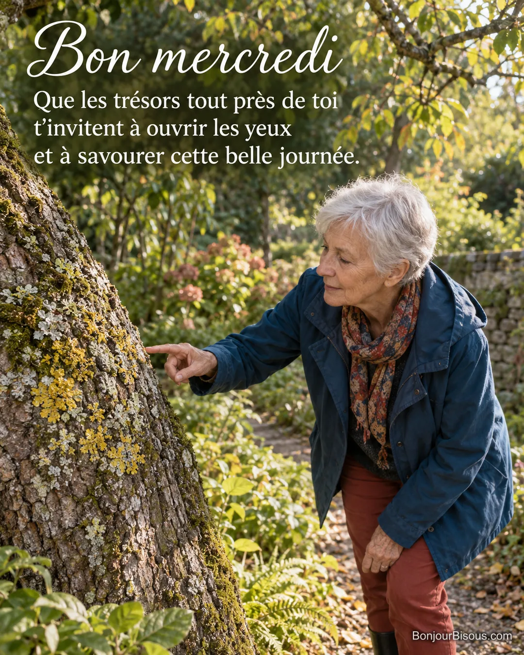 Une guide de jardin observe les lichens sur un vieux pommier dans la lumière du matin breton, avec le texte « Bon mercredi Que les trésors tout près de toi t’invitent à ouvrir les yeux et à savourer cette belle journée. ». Une guide de jardin observe les lichens sur un vieux pommier dans la lumière du matin breton, avec le texte « Bon mercredi Que les trésors tout près de toi t’invitent à ouvrir les yeux et à savourer cette belle journée. ».
