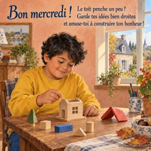 Un garçon construit une maison de maquette tandis que son petit toit rouge repose de travers sur la table, avec le texte « Bon mercredi ! Le toit penche un peu ? Garde tes idées bien droites et amuse-toi à construire ton bonheur ! ».
