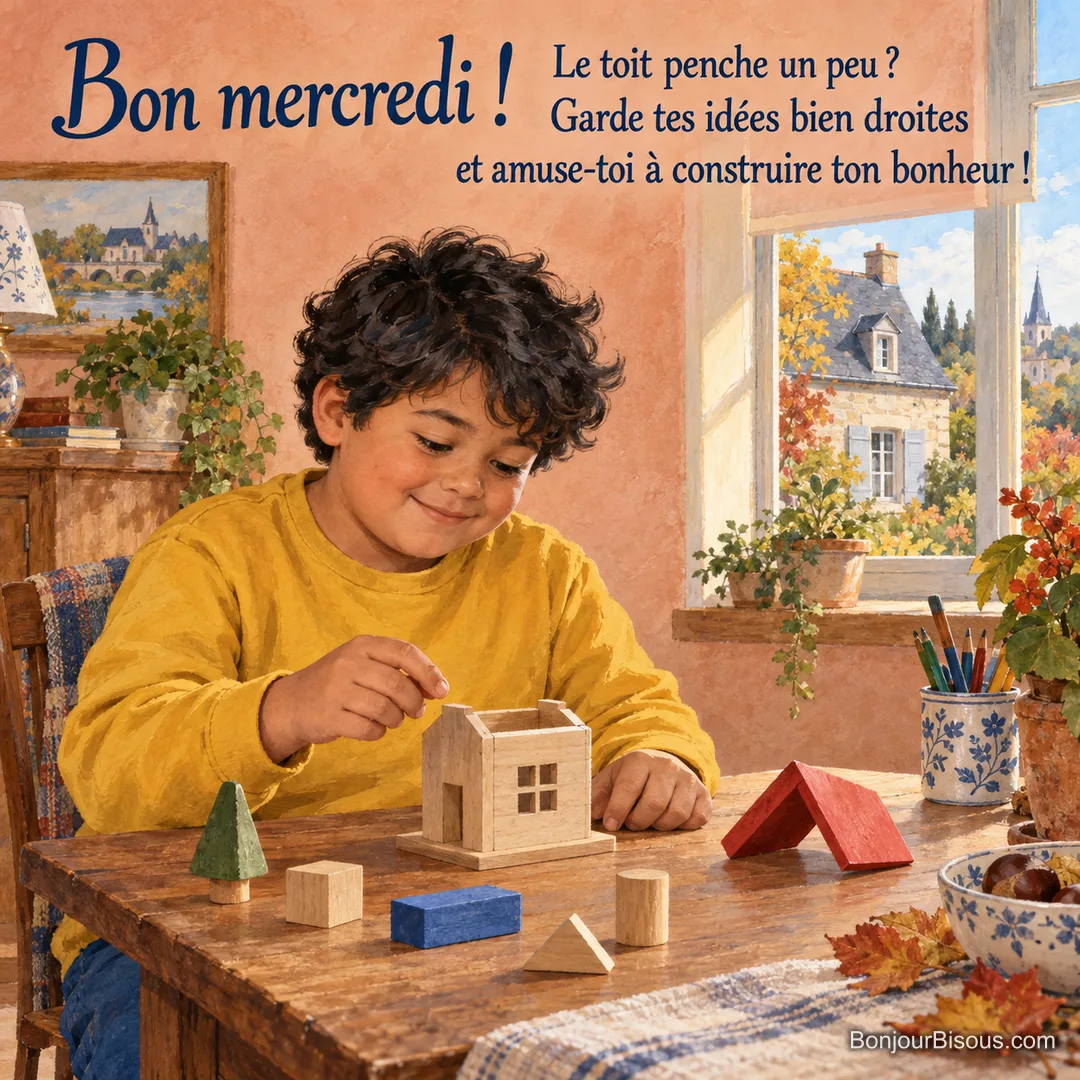 Un garçon construit une maison de maquette tandis que son petit toit rouge repose de travers sur la table, avec le texte « Bon mercredi ! Le toit penche un peu ? Garde tes idées bien droites et amuse-toi à construire ton bonheur ! ». Un garçon construit une maison de maquette tandis que son petit toit rouge repose de travers sur la table, avec le texte « Bon mercredi ! Le toit penche un peu ? Garde tes idées bien droites et amuse-toi à construire ton bonheur ! ».