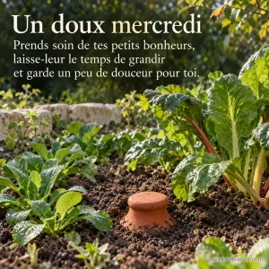 Un oya en terre cuite irrigue les jeunes pousses d’un potager de Touraine au matin, avec le texte « Un doux mercredi Prends soin de tes petits bonheurs, laisse-leur le temps de grandir et garde un peu de douceur pour toi. ».