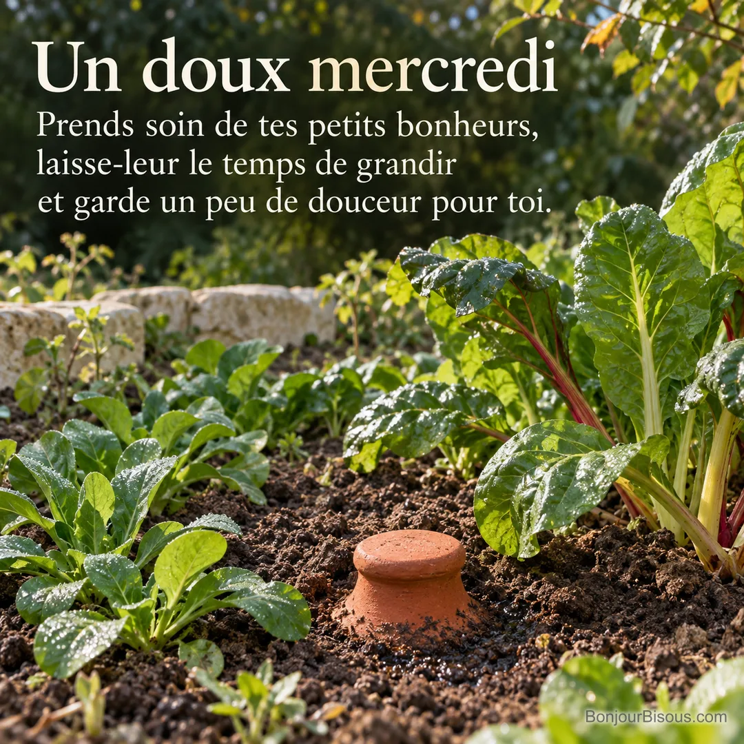 Un oya en terre cuite irrigue les jeunes pousses d’un potager de Touraine au matin, avec le texte « Un doux mercredi Prends soin de tes petits bonheurs, laisse-leur le temps de grandir et garde un peu de douceur pour toi. ». Un oya en terre cuite irrigue les jeunes pousses d’un potager de Touraine au matin, avec le texte « Un doux mercredi Prends soin de tes petits bonheurs, laisse-leur le temps de grandir et garde un peu de douceur pour toi. ».