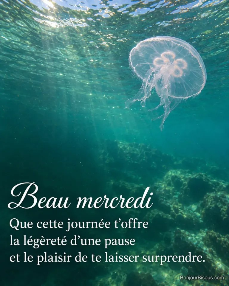 Une méduse lune translucide se déplace doucement dans l’eau turquoise de la côte bretonne, avec le texte « Beau mercredi Que cette journée t’offre la légèreté d’une pause et le plaisir de te laisser surprendre. ».