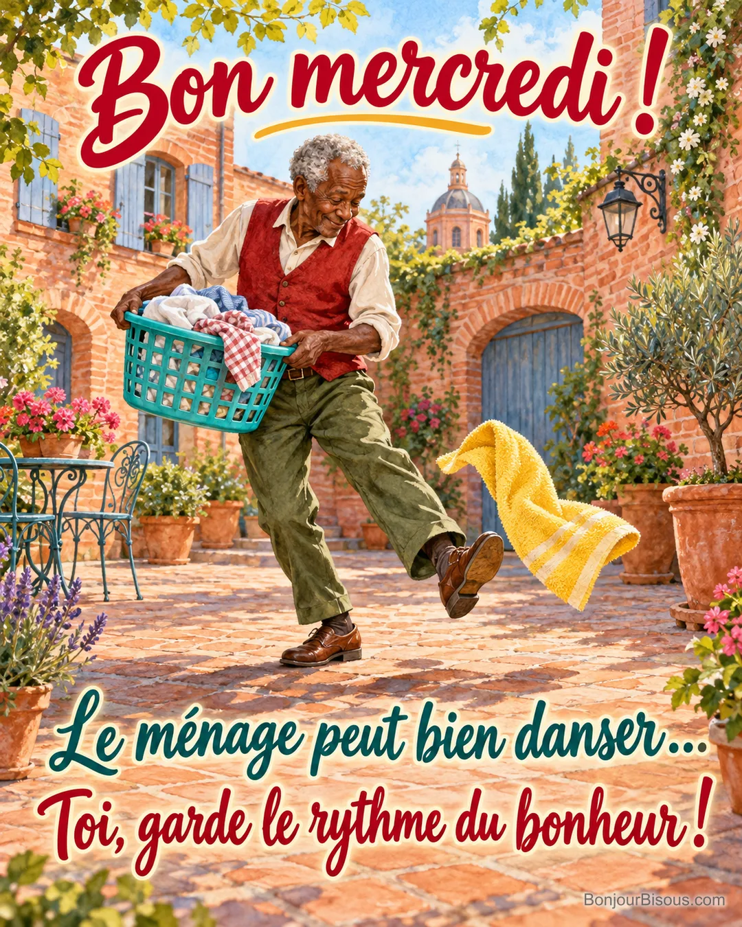 Un Toulousain danse avec son panier à linge tandis qu’une serviette jaune s’en échappe, avec le message « Bon mercredi ! Le ménage peut bien danser… Toi, garde le rythme du bonheur ! ». Un Toulousain danse avec son panier à linge tandis qu’une serviette jaune s’en échappe, avec le message « Bon mercredi ! Le ménage peut bien danser… Toi, garde le rythme du bonheur ! ».