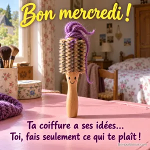 Une brosse souriante arbore un toupet de laine violette sur une coiffeuse rose, avec le message « Bon mercredi ! Ta coiffure a ses idées… Toi, fais seulement ce qui te plaît ! ».