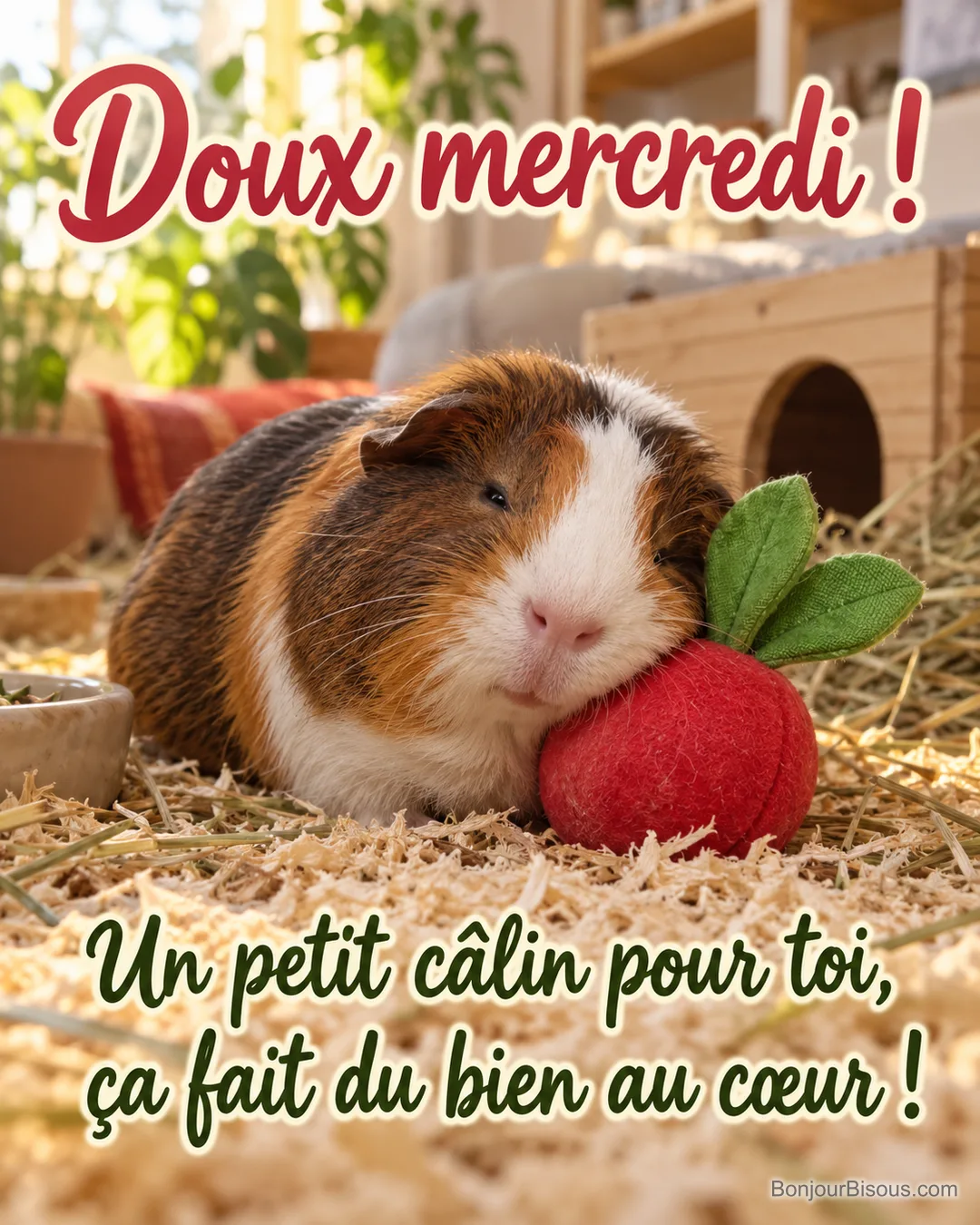 Un cobaye tricolore pose sa joue contre un petit radis rouge en peluche, avec le message « Doux mercredi ! Un petit câlin pour toi, ça fait du bien au cœur ! ». Un cobaye tricolore pose sa joue contre un petit radis rouge en peluche, avec le message « Doux mercredi ! Un petit câlin pour toi, ça fait du bien au cœur ! ».