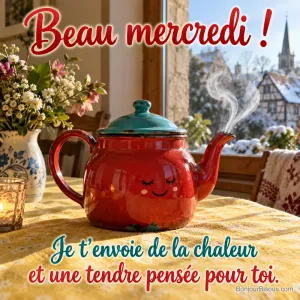 Une théière rouge souriante laisse monter une vapeur douce comme une étreinte près d’une fenêtre, avec le message « Beau mercredi ! Je t’envoie de la chaleur et une tendre pensée pour toi. ».