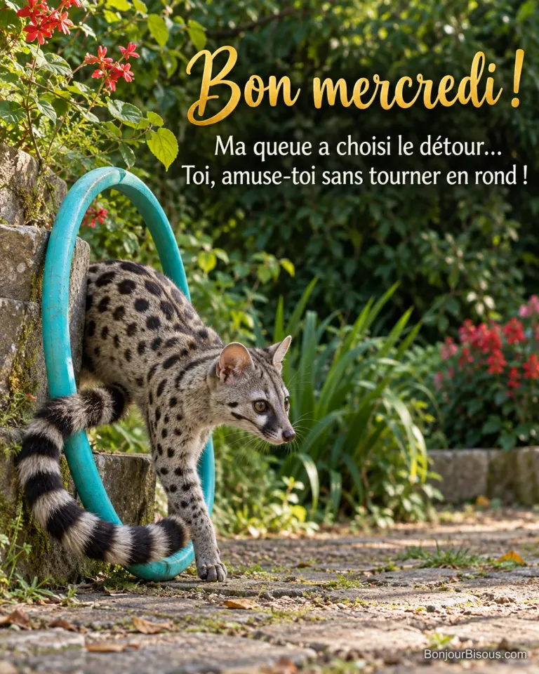 Une jeune genette traverse un cerceau turquoise tandis que sa longue queue en contourne drôlement le bas. Le message est : « Bon mercredi ! Ma queue a choisi le détour… Toi, amuse-toi sans tourner en rond ! ».