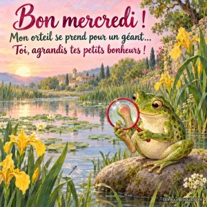 Une grenouille observe à la loupe un de ses doigts de pied, que le verre grossit de manière amusante. Le message est : « Bon mercredi ! Mon orteil se prend pour un géant… Toi, agrandis tes petits bonheurs ! ».