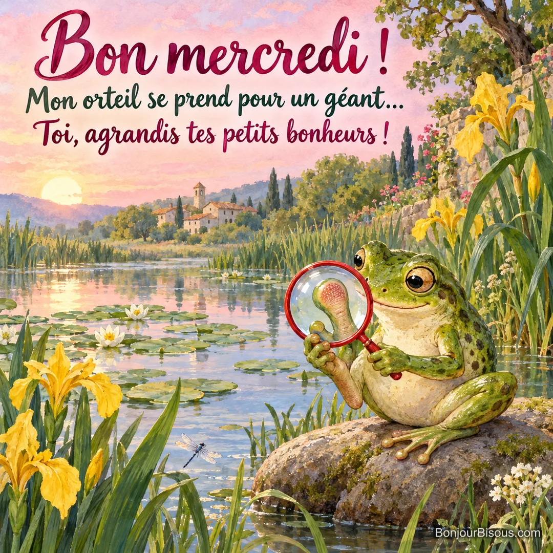 Une grenouille observe à la loupe un de ses doigts de pied, que le verre grossit de manière amusante. Le message est : « Bon mercredi ! Mon orteil se prend pour un géant… Toi, agrandis tes petits bonheurs ! ».