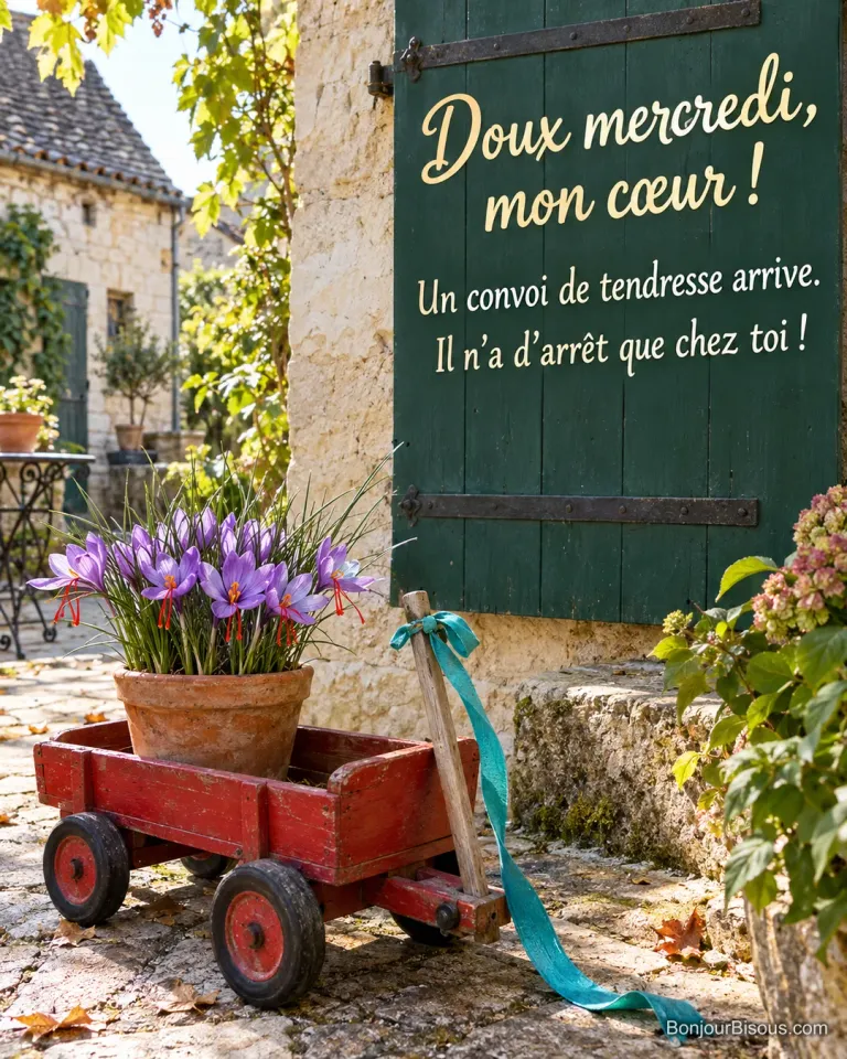 Une petite charrette rouge transporte un pot de crocus à safran violets comme un tendre présent d’octobre. Le message est : « Doux mercredi, mon cœur ! Un convoi de tendresse arrive. Il n’a d’arrêt que chez toi ! ».