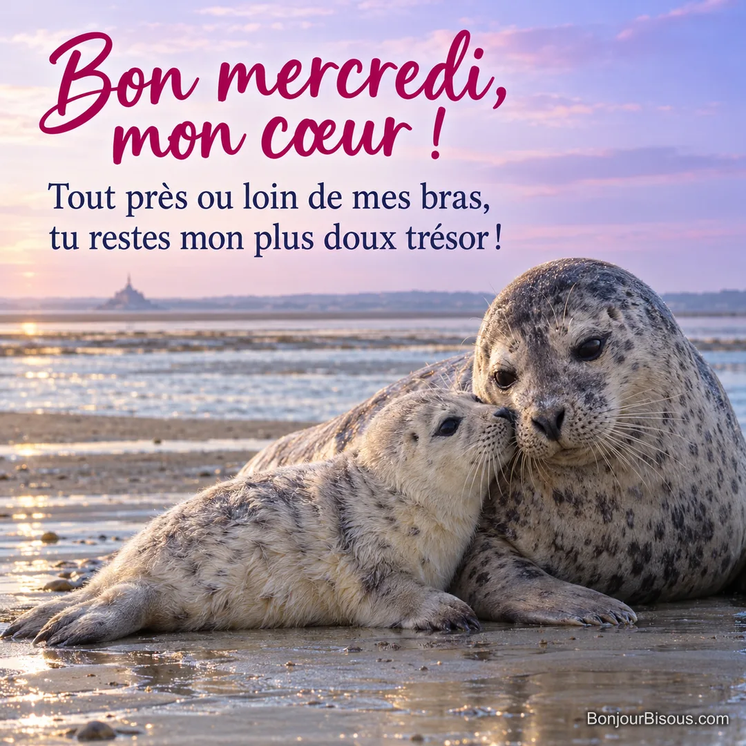Une mère phoque veau-marin baisse tendrement la tête vers son petit blotti contre sa joue. Le message est : « Bon mercredi, mon cœur ! Tout près ou loin de mes bras, tu restes mon plus doux trésor ! ».