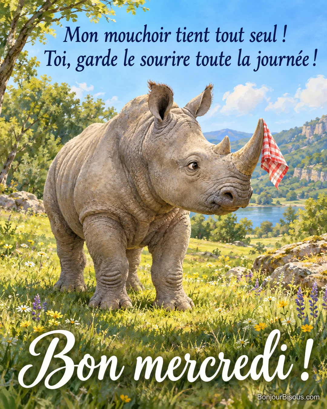 Un jeune rhinocéros porte un minuscule mouchoir accroché au bout de sa grande corne. Le message est : « Bon mercredi ! Mon mouchoir tient tout seul ! Toi, garde le sourire toute la journée ! ».