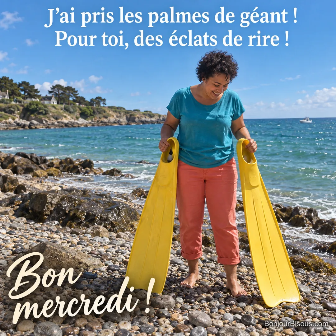 Une jeune femme rit en découvrant deux palmes de natation presque aussi longues que ses jambes. Le message est : « Bon mercredi ! J’ai pris les palmes de géant ! Pour toi, des éclats de rire ! ».