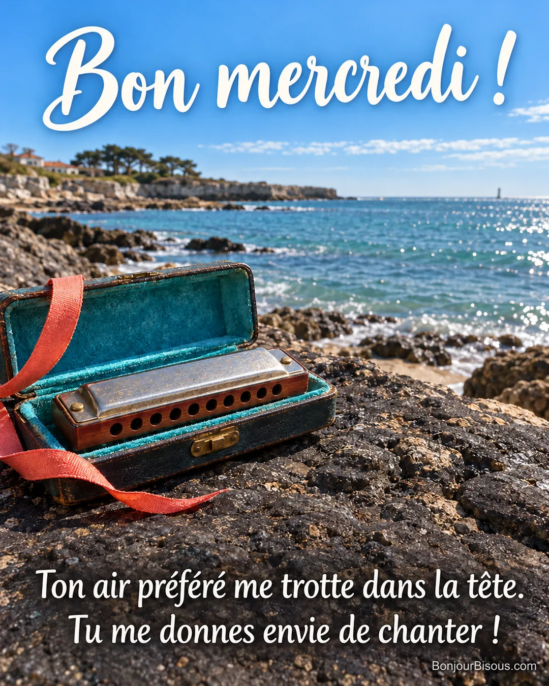 Un harmonica ancien gardé dans son étui au ruban corail rappelle une mélodie chère. Le message est : « Bon mercredi ! Ton air préféré me trotte dans la tête. Tu me donnes envie de chanter ! ».