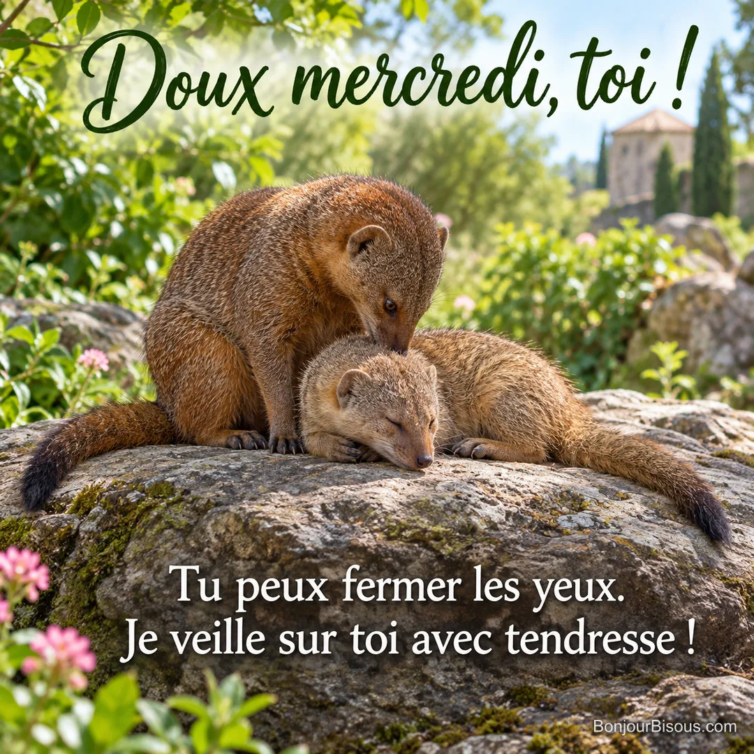 Une mangouste prend doucement soin du pelage de sa compagne endormie au soleil. Le message est : « Doux mercredi, toi ! Tu peux fermer les yeux. Je veille sur toi avec tendresse ! ».