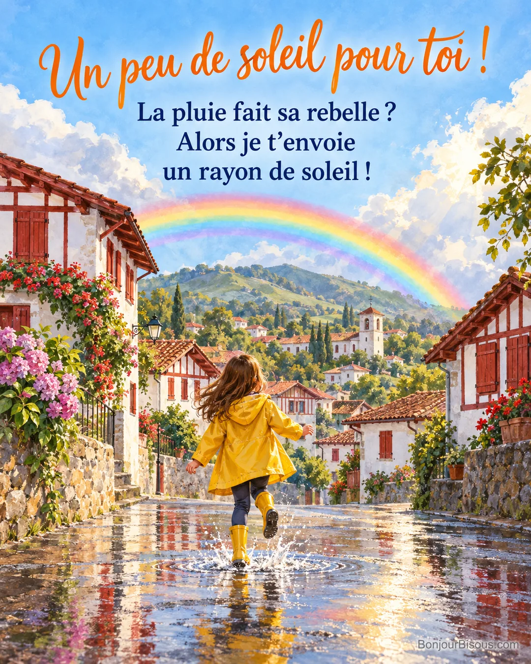 Peinture d’une fillette en ciré et bottes jaunes qui saute dans une flaque d’une rue de village basque, sous un grand arc-en-ciel, avec le texte « Un peu de soleil pour toi ! La pluie fait sa rebelle ? Alors je t’envoie un rayon de soleil ! »