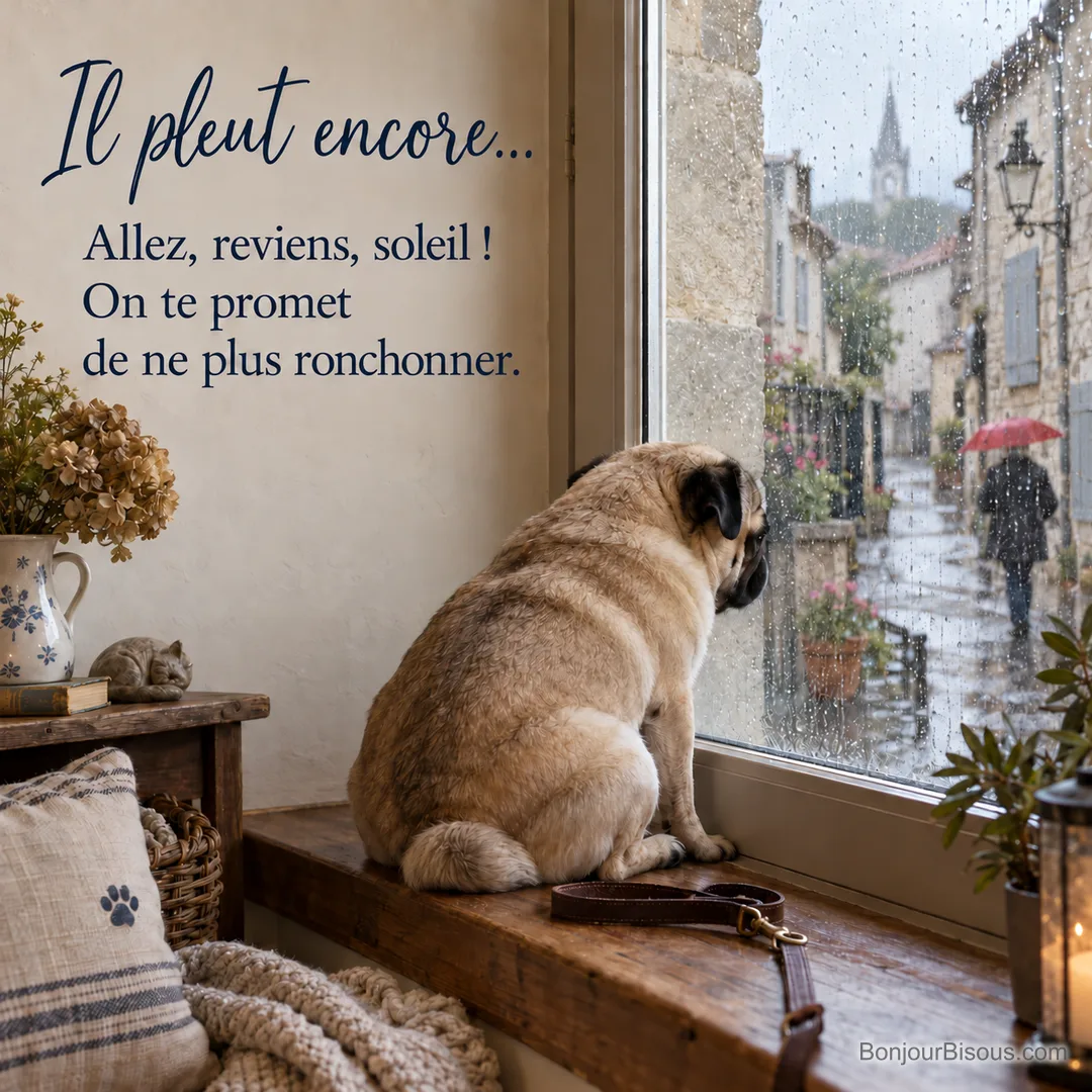 Photo d’un carlin vu de dos sur un rebord de fenêtre en bois, sa laisse à côté, qui regarde une ruelle de village sous la pluie avec un parapluie rouge, avec le texte « Il pleut encore… Allez, reviens, soleil ! On te promet de ne plus ronchonner. »