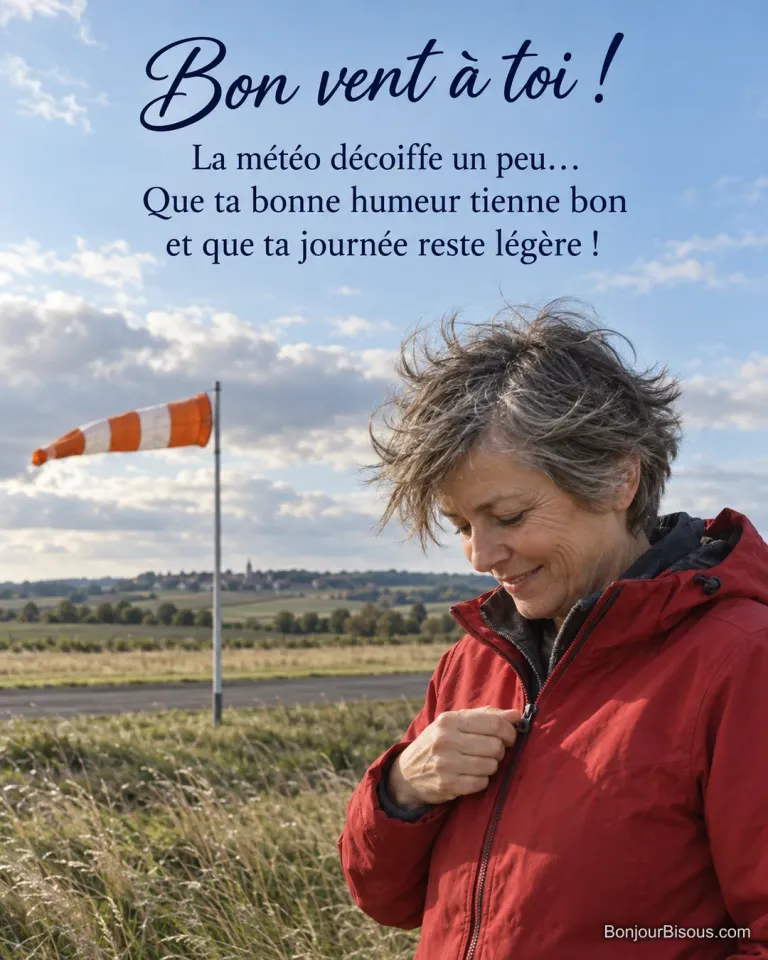 Une femme ferme sa veste sous une manche à air tendue par le vent dans la campagne bourguignonne, avec le texte « Bon vent à toi ! La météo décoiffe un peu… Que ta bonne humeur tienne bon et que ta journée reste légère ! ».