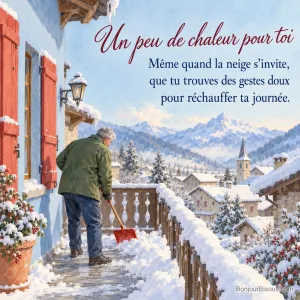Un homme dégage avec une pelle la neige d’un balcon dans un village savoyard, avec le texte « Un peu de chaleur pour toi Même quand la neige s’invite, que tu trouves des gestes doux pour réchauffer ta journée. ».