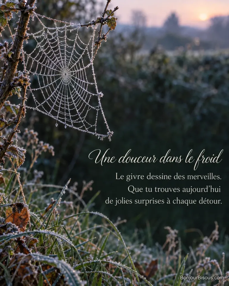 Une toile d’araignée perlée de givre capte la lumière dans une haie normande, avec le texte « Une douceur dans le froid Le givre dessine des merveilles. Que tu trouves aujourd’hui de jolies surprises à chaque détour. ».