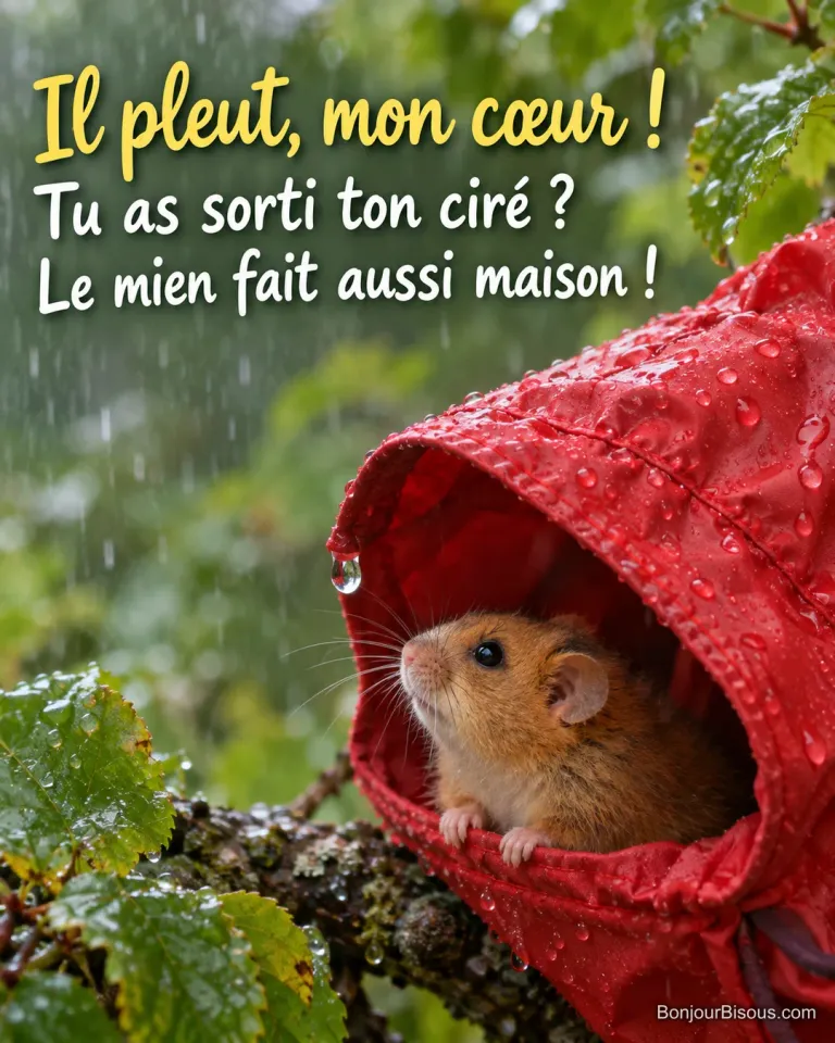 Un minuscule muscardin roux se met à l’abri dans une grande capuche de ciré rouge perlée de pluie, avec le texte « Il pleut, mon cœur ! Tu as sorti ton ciré ? Le mien fait aussi maison ! ».