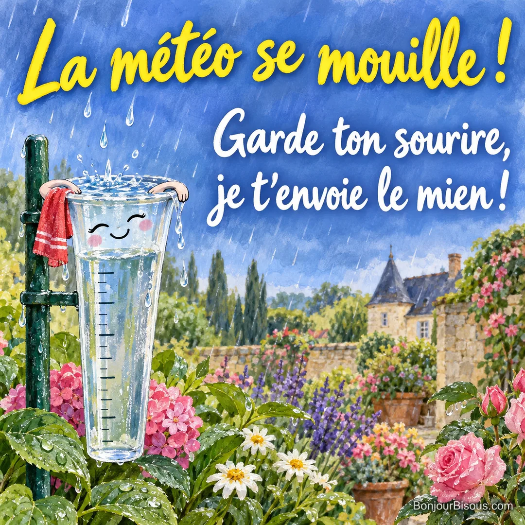 Un pluviomètre souriant profite de l’averse comme d’un bain, les bras posés sur son bord, avec le texte « La météo se mouille ! Garde ton sourire, je t’envoie le mien ! ».