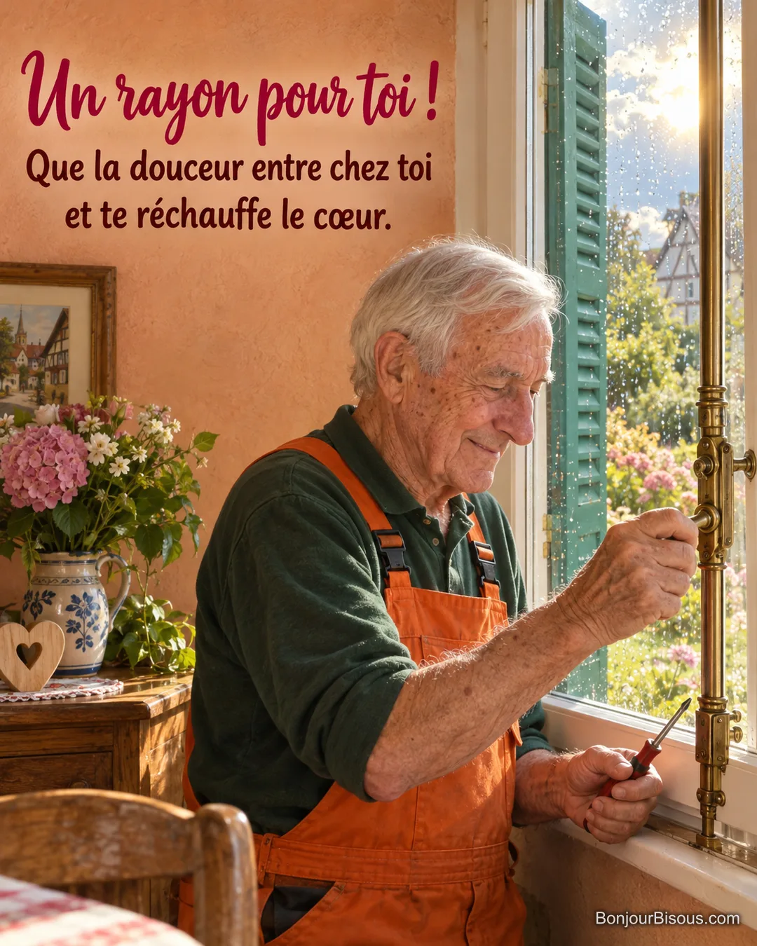 Un menuisier en salopette orange teste la poignée d’une fenêtre réparée tandis qu’une éclaircie illumine ses mains, avec le texte « Un rayon pour toi ! Que la douceur entre chez toi et te réchauffe le cœur. ».