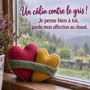 Deux chaufferettes en forme de cœur sont serrées dans une maille verte près d’une fenêtre pluvieuse, avec le texte « Un câlin contre le gris ! Je pense bien à toi, garde mon affection au chaud. ».