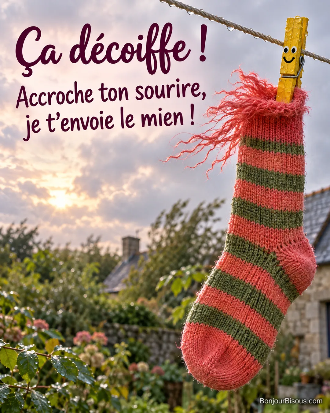 Une pince à linge jaune retient une chaussette rayée dont le bord est ébouriffé par le vent, avec le texte « Ça décoiffe ! Accroche ton sourire, je t’envoie le mien ! ».