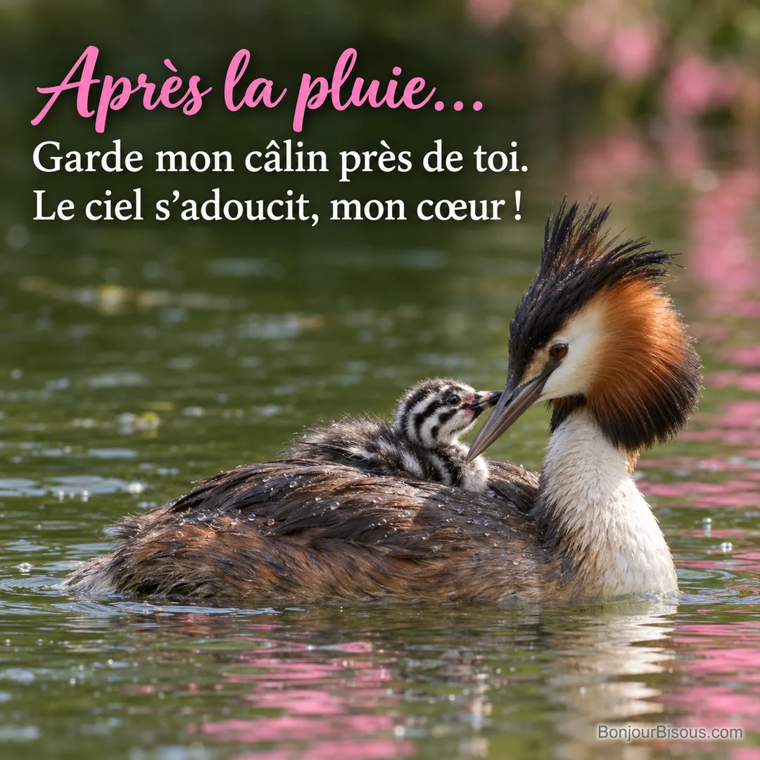 Un grèbe huppé porte son unique petit sur le dos tandis qu’une éclaircie suit l’averse, avec le texte « Après la pluie… Garde mon câlin près de toi. Le ciel s’adoucit, mon cœur ! ».