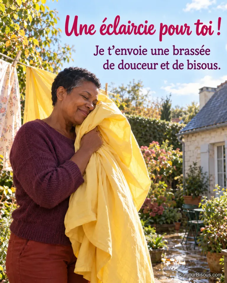 Une femme serre contre elle un drap jaune réchauffé par une éclaircie dans son jardin, avec le texte « Une éclaircie pour toi ! Je t’envoie une brassée de douceur et de bisous. ».