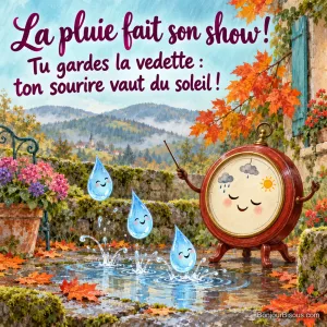 Un baromètre souriant dirige trois grosses gouttes de pluie comme un chef d’orchestre, avec le texte « La pluie fait son show ! Tu gardes la vedette : ton sourire vaut du soleil ! ».