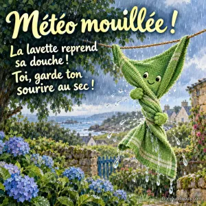 Une lavette verte se tord sur une corde à linge tandis qu’une nouvelle averse la rince, avec le message « Météo mouillée ! La lavette reprend sa douche ! Toi, garde ton sourire au sec ! ».