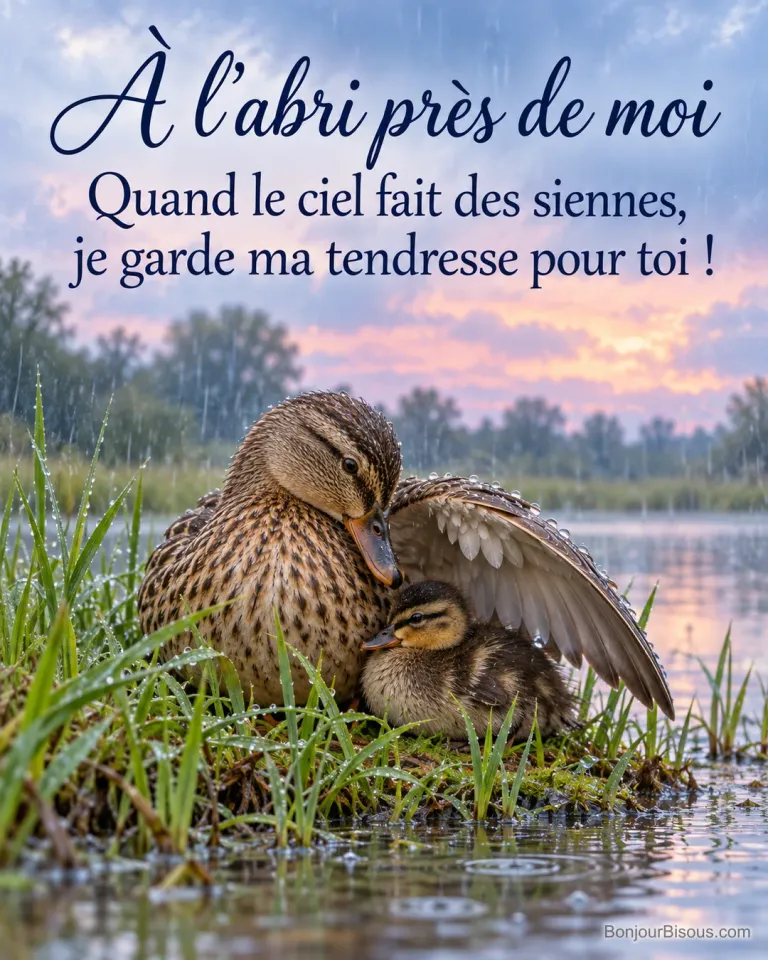 Une sarcelle protège son unique caneton sous son aile au bord d’une mare sous la pluie, avec le message « À l’abri près de moi Quand le ciel fait des siennes, je garde ma tendresse pour toi ! ».