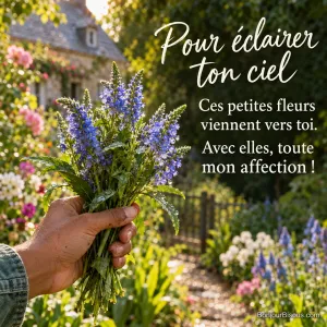 Une main offre des épis bleus de véronique encore perlés de pluie, dans un jardin qui s’éclaircit, avec le message « Pour éclairer ton ciel Ces petites fleurs viennent vers toi. Avec elles, toute mon affection ! ».