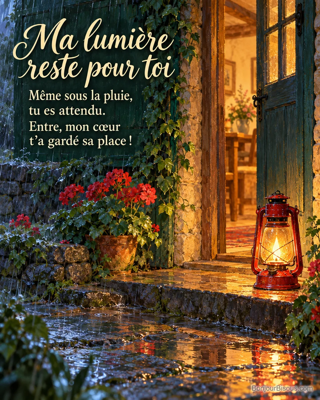 Une lampe-tempête rouge éclaire un seuil abrité et se reflète dans une flaque au crépuscule, avec le message « Ma lumière reste pour toi Même sous la pluie, tu es attendu. Entre, mon cœur t’a gardé sa place ! ».
