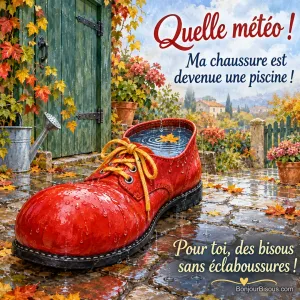 Un grand soulier de clown rouge rempli d’eau recueille la pluie, avec une feuille jaune flottant à l’intérieur, avec le message « Quelle météo ! Ma chaussure est devenue une piscine ! Pour toi, des bisous sans éclaboussures ! ».