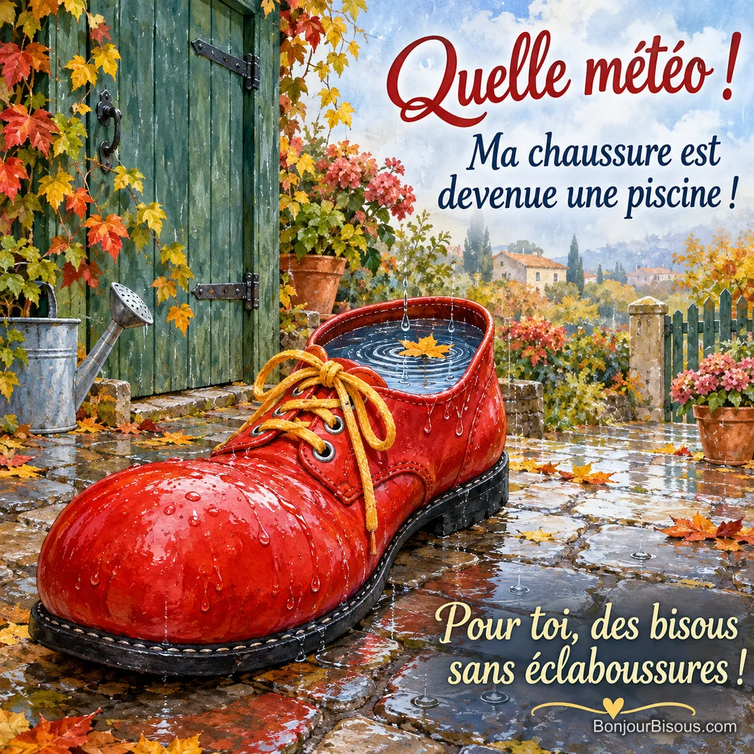 Un grand soulier de clown rouge rempli d’eau recueille la pluie, avec une feuille jaune flottant à l’intérieur, avec le message « Quelle météo ! Ma chaussure est devenue une piscine ! Pour toi, des bisous sans éclaboussures ! ». Un grand soulier de clown rouge rempli d’eau recueille la pluie, avec une feuille jaune flottant à l’intérieur, avec le message « Quelle météo ! Ma chaussure est devenue une piscine ! Pour toi, des bisous sans éclaboussures ! ».