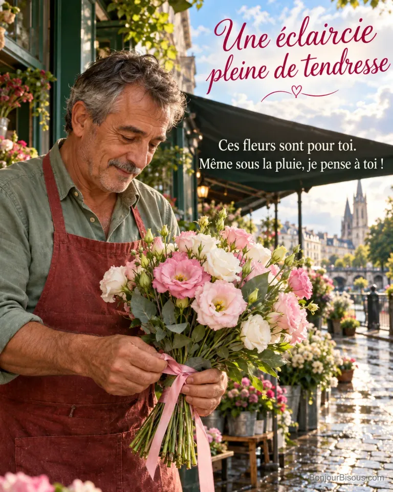 Un fleuriste attache un ruban rose à un bouquet d’eustomas roses et blancs sous son auvent, après une averse, avec le message « Une éclaircie pleine de tendresse Ces fleurs sont pour toi. Même sous la pluie, je pense à toi ! ».