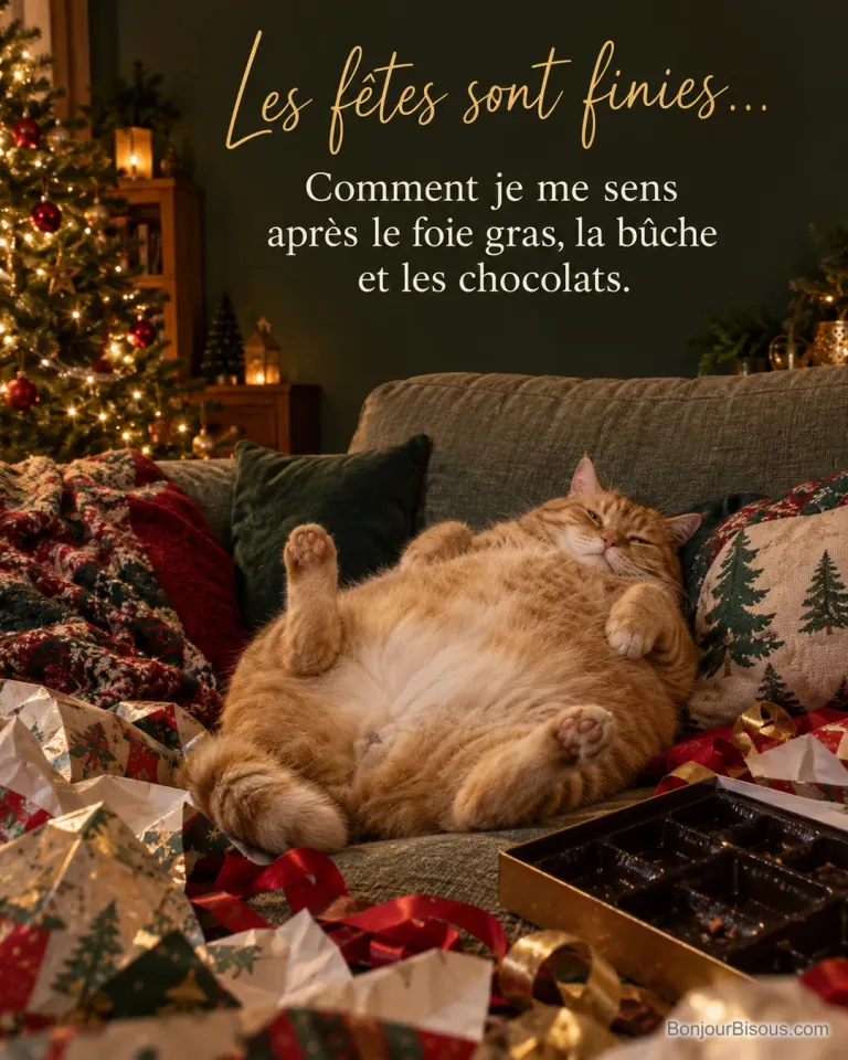 Photo d’un chat roux allongé sur le dos sur un canapé, pattes en l’air, entouré de papier cadeau déchiré et d’une boîte de chocolats vide, sapin illuminé derrière, avec le texte « Les fêtes sont finies… Comment je me sens après le foie gras, la bûche et les chocolats. »