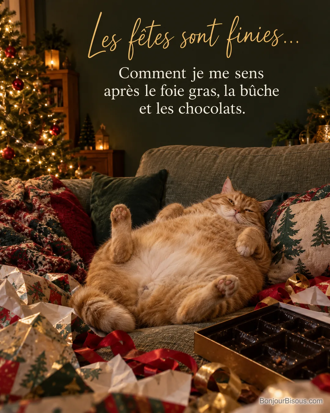 Photo d’un chat roux allongé sur le dos sur un canapé, pattes en l’air, entouré de papier cadeau déchiré et d’une boîte de chocolats vide, sapin illuminé derrière, avec le texte « Les fêtes sont finies… Comment je me sens après le foie gras, la bûche et les chocolats. » Photo d’un chat roux allongé sur le dos sur un canapé, pattes en l’air, entouré de papier cadeau déchiré et d’une boîte de chocolats vide, sapin illuminé derrière, avec le texte « Les fêtes sont finies… Comment je me sens après le foie gras, la bûche et les chocolats. »