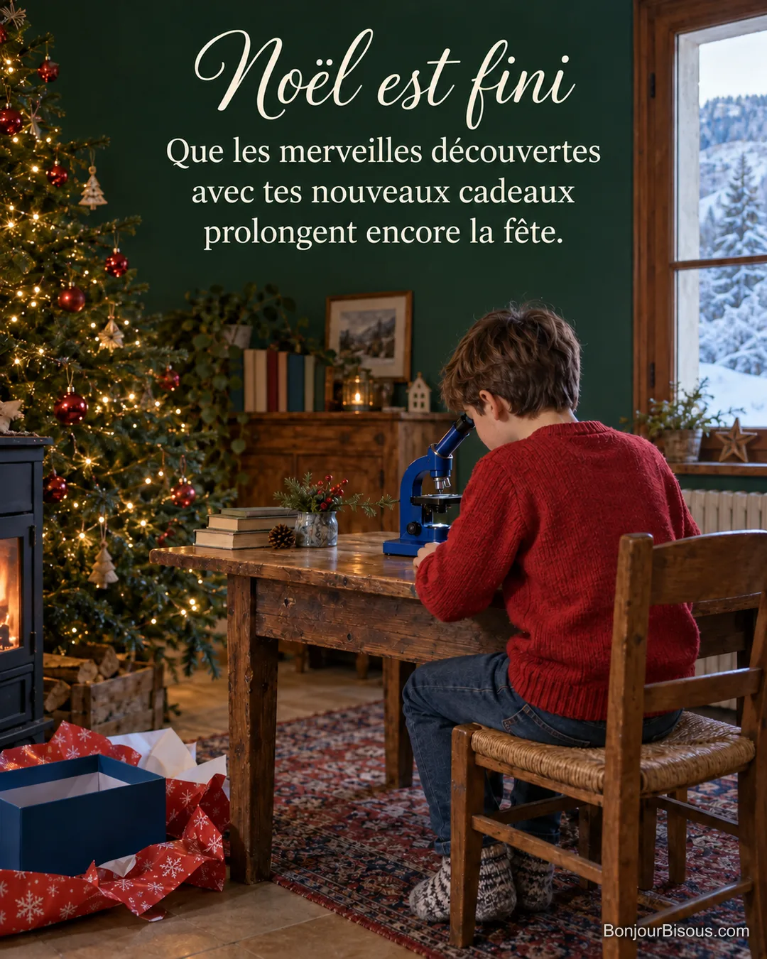 Un garçon découvre son microscope après Noël, près du sapin encore illuminé, avec le texte « Noël est fini Que les merveilles découvertes avec tes nouveaux cadeaux prolongent encore la fête. ». Un garçon découvre son microscope après Noël, près du sapin encore illuminé, avec le texte « Noël est fini Que les merveilles découvertes avec tes nouveaux cadeaux prolongent encore la fête. ».