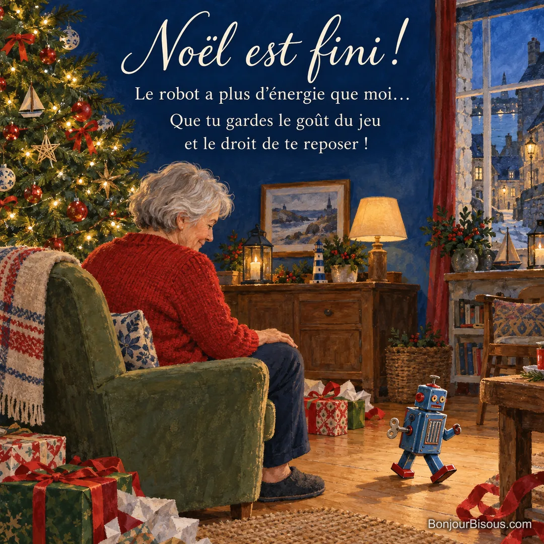 Une grand-mère se repose en regardant avancer un petit robot reçu à Noël, avec le texte « Noël est fini ! Le robot a plus d’énergie que moi… Que tu gardes le goût du jeu et le droit de te reposer ! ». Une grand-mère se repose en regardant avancer un petit robot reçu à Noël, avec le texte « Noël est fini ! Le robot a plus d’énergie que moi… Que tu gardes le goût du jeu et le droit de te reposer ! ».