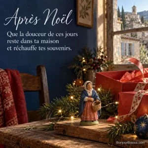 Un santon provençal au panier reste près des guirlandes et des cadeaux ouverts, avec le texte « Après Noël Que la douceur de ces jours reste dans ta maison et réchauffe tes souvenirs. ».