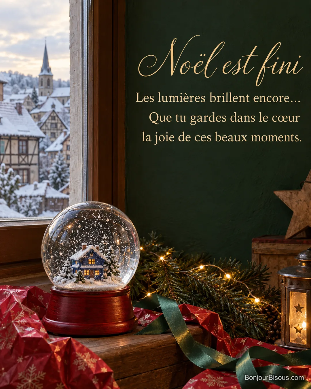 La neige retombe dans une boule de verre près des cadeaux ouverts et des lumières de Noël, avec le texte « Noël est fini Les lumières brillent encore… Que tu gardes dans le cœur la joie de ces beaux moments. ». La neige retombe dans une boule de verre près des cadeaux ouverts et des lumières de Noël, avec le texte « Noël est fini Les lumières brillent encore… Que tu gardes dans le cœur la joie de ces beaux moments. ».