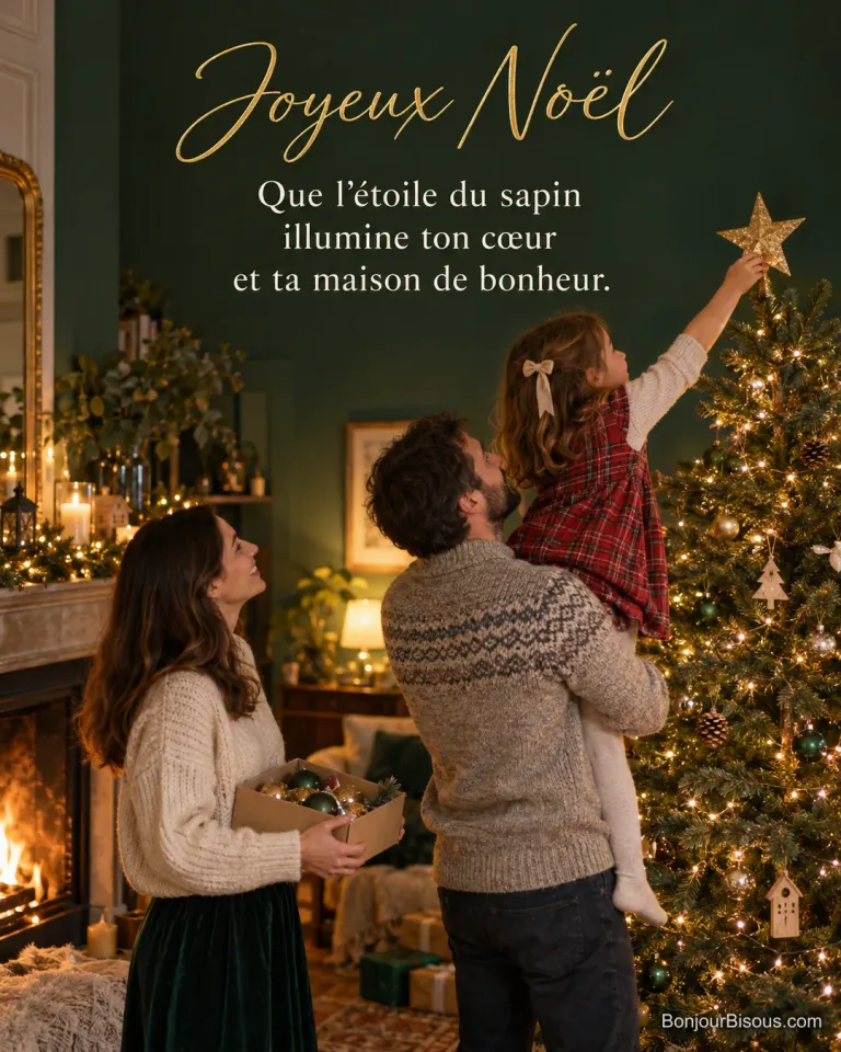 Photo d’un père qui porte sa petite fille pour accrocher l’étoile dorée au sommet du sapin illuminé, la mère tenant une boîte de boules, avec le texte « Joyeux Noël – Que l’étoile du sapin illumine ton cœur et ta maison de bonheur. »