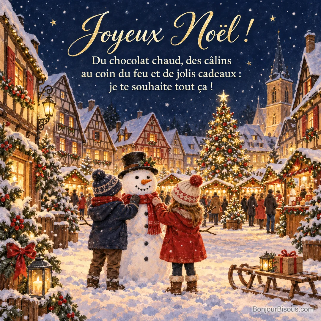Peinture de deux enfants vus de dos qui habillent un bonhomme de neige sur une place alsacienne enneigée avec maisons à colombages, chalets illuminés et grand sapin, avec le texte « Joyeux Noël ! Du chocolat chaud, des câlins au coin du feu et de jolis cadeaux : je te souhaite tout ça ! » Peinture de deux enfants vus de dos qui habillent un bonhomme de neige sur une place alsacienne enneigée avec maisons à colombages, chalets illuminés et grand sapin, avec le texte « Joyeux Noël ! Du chocolat chaud, des câlins au coin du feu et de jolis cadeaux : je te souhaite tout ça ! »