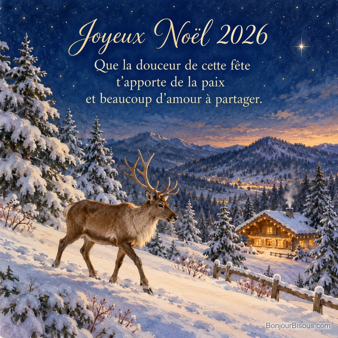 Un cervidé traverse une clairière enneigée près d’un chalet illuminé, avec le texte « Joyeux Noël 2026 Que la douceur de cette fête t’apporte de la paix et beaucoup d’amour à partager. ». Un cervidé traverse une clairière enneigée près d’un chalet illuminé, avec le texte « Joyeux Noël 2026 Que la douceur de cette fête t’apporte de la paix et beaucoup d’amour à partager. ».